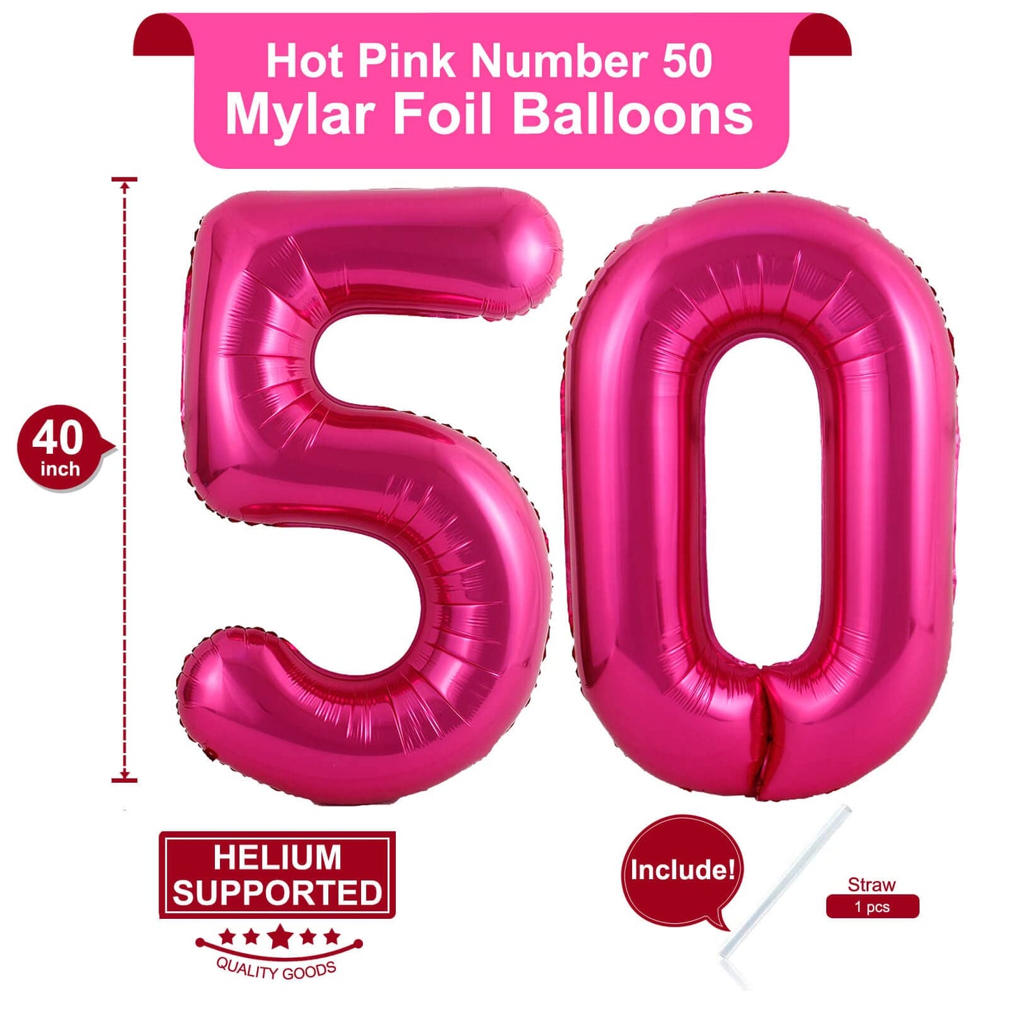 LHOAVWE 40 Inch Hot Pink Foil Mylar Number 50 Balloons - Jumbo Dark Pink Birthday & Anniversary Party Decorations