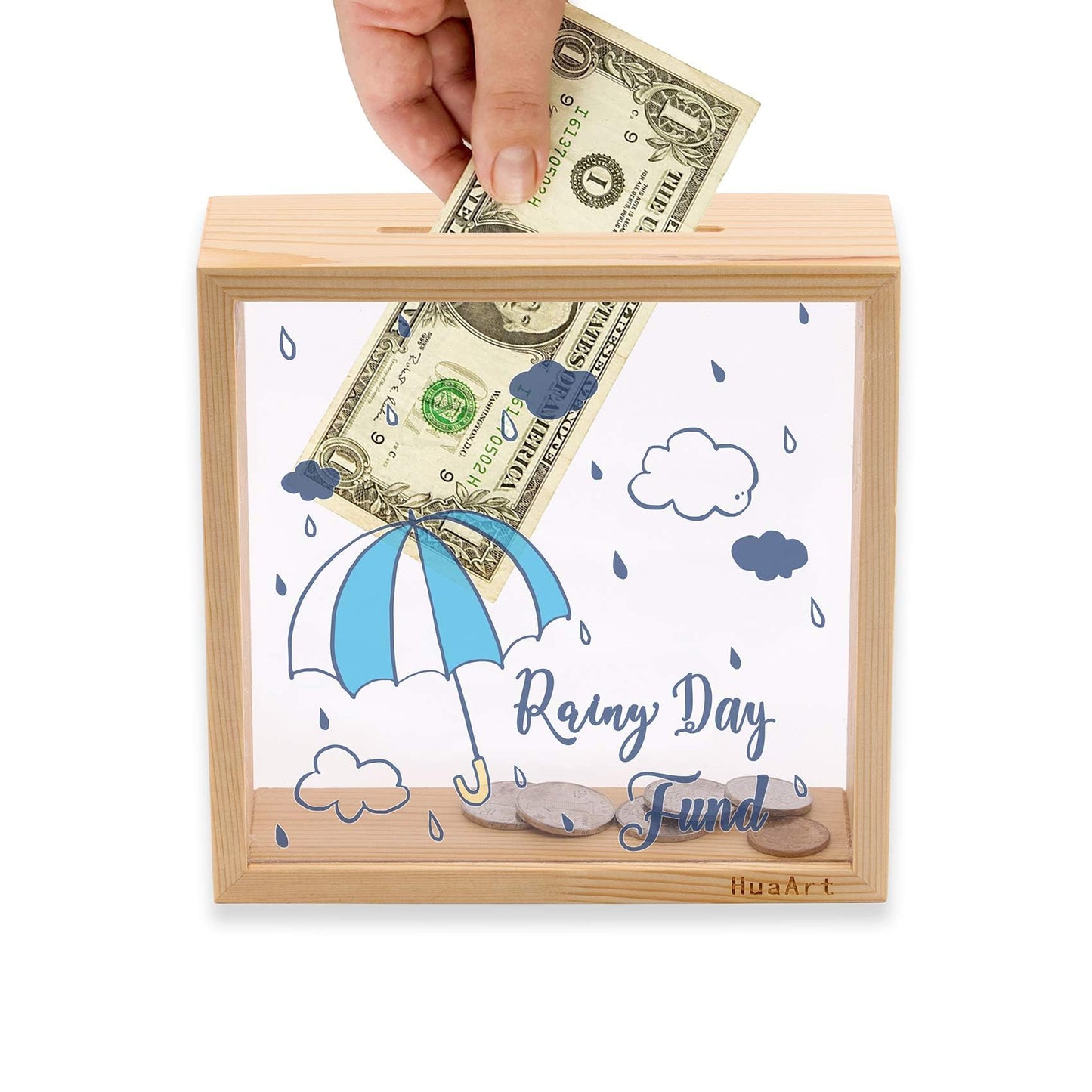 Piggy Banks For Adults, Wooden Money Coin Bank For Boys And Girls, Coin Bank Money Bank, Sized 6.5X6.5X2.2 Inch, Natural Wood Money Box, Printed On The Plexiglass Front- Rainy Day Fund.