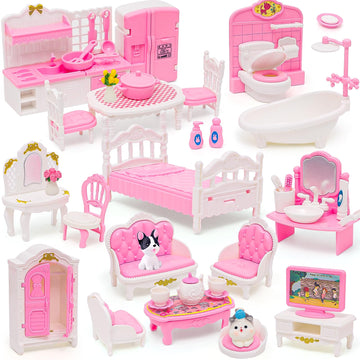 Hapgfs 45 Pcs Dollhouse Furniture Set Accessories Doll House Mini Furniture Pretend Play Bedroom Living Room Bathroom Kitchen Fo