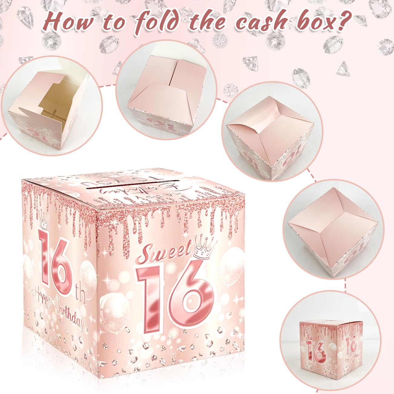 Sweet 16 Party Decorations, Rose Gold 16Th Birthday Money Boxes For Girls, Sweet 16 Money Pull Box, 16 Year Old Surprise Money B