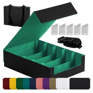 Scimi Magnetic Leather Trading Card Storage Box - 5-Row Deck Case Design  3900+ Capacity for YuGiOh  MTG  TCG and Sports Cards  Includes 24 Colorful Dividers & 5 Card Supports (Black/Green)
