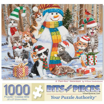 Bits and Pieces Jigsaw Puzzles for Adults Purr-FECT Snowman, Winter Christmas Cats - Random Die Cut, No 2 Pieces Alike (1000 Pie