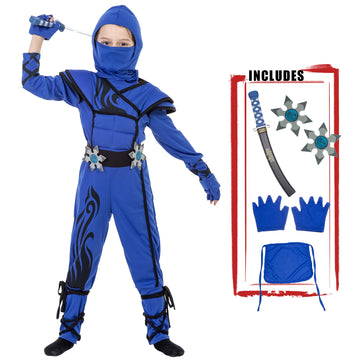 Blue Ninja Costume For Kids Boys Halloween Kung Fu Outfit Muscle Costume With Ninja Foam Accessories