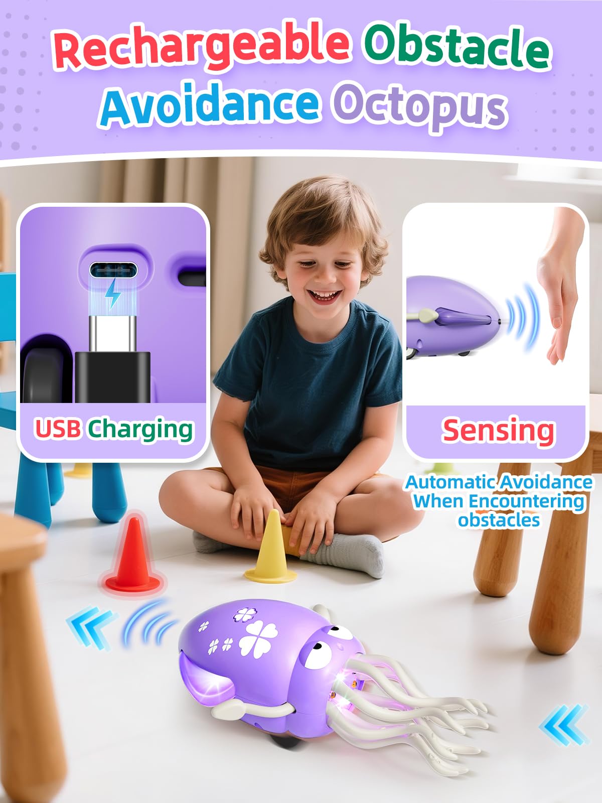 Dancing Squid Baby Toy Gifts, Dancing Octopus Tummy Time Toys, Crawling Octopus with Music and Light, Squid Baby Toy for 3 4 5 6