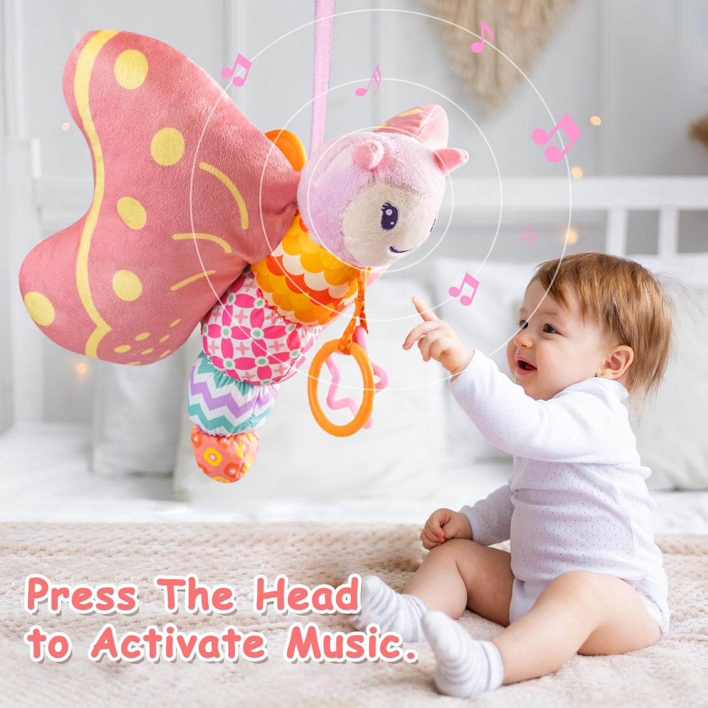 Baby Toys 0-6 Months,Infant Musical Sensory Stuffed Animal With Squeaker,Rattle,Crinkle Wings,Teether & Hanging Ring,Tummy Time