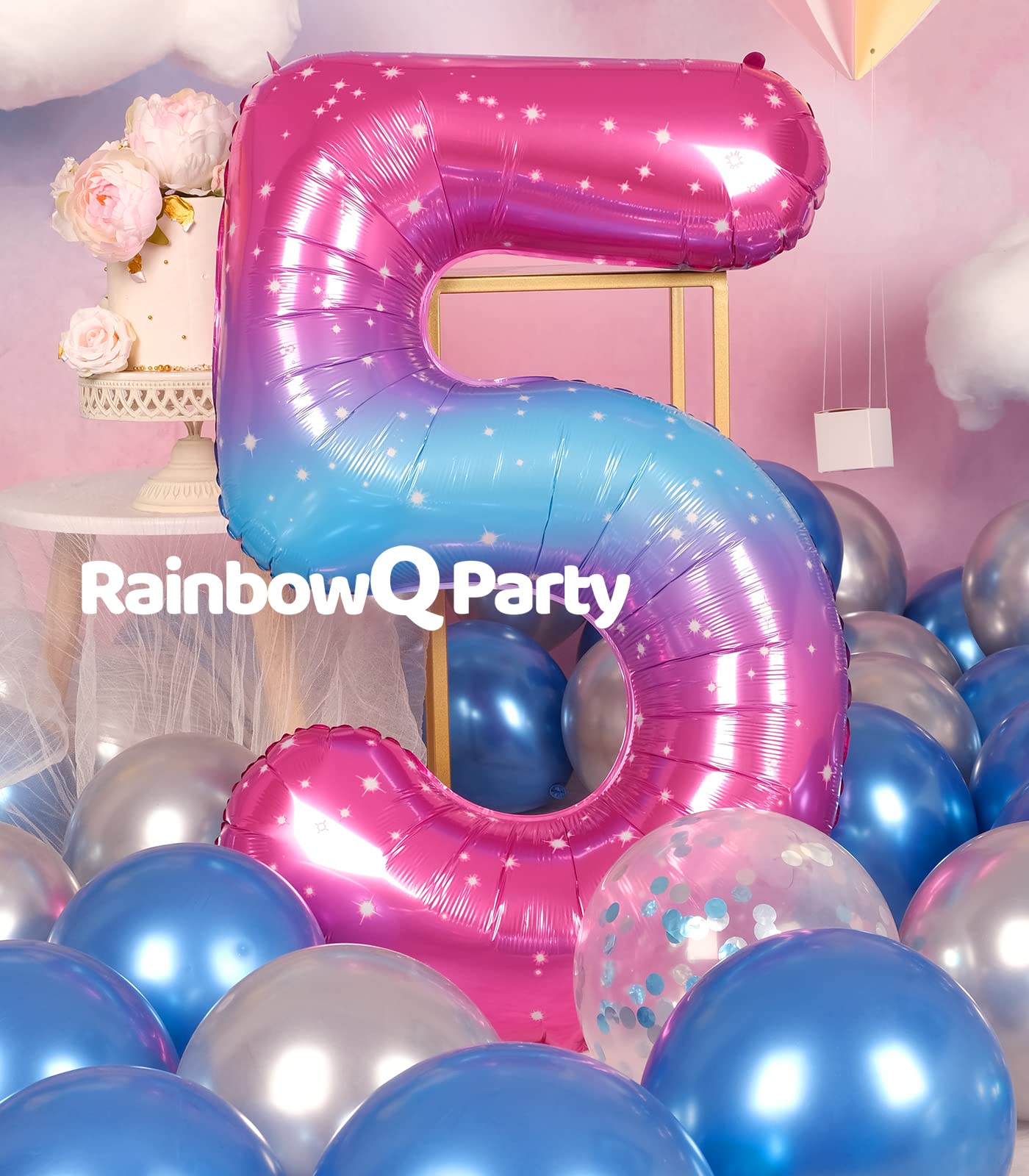 Rainbowq 5 Balloon Number 40 Inch For Boy Or Girl Big Starry 0-9 Foil Mylar Large Number 5 Balloon Happy 5Th Birthday Party Anni