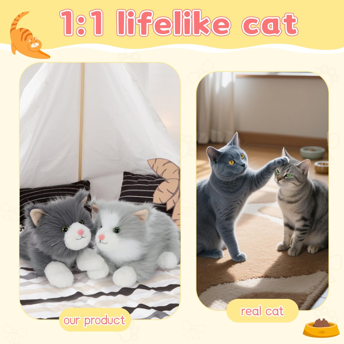 Tezituor 17inches Cute Cat Stuffed Animals  2 Pcs Realistic Stuffed Kitten Cat Plush Toy Gift for Christmas Birthday Girl Boy (Blue & Gray)