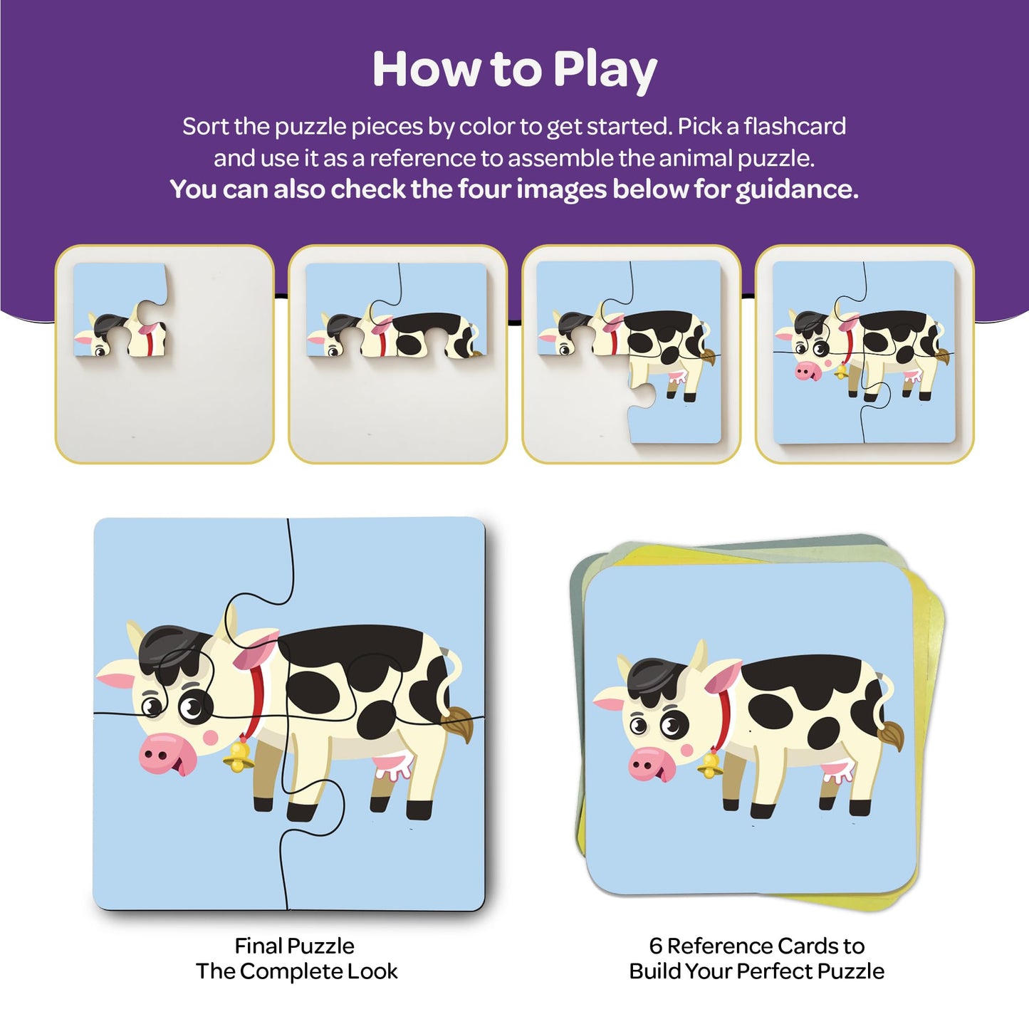 Mini Leaves 4 Piece Wooden Puzzle For Kids - Set Of 6 Farm Animals Jigsaw Puzzle - Puzzles For Kids For Age 2 And Above - Safe &