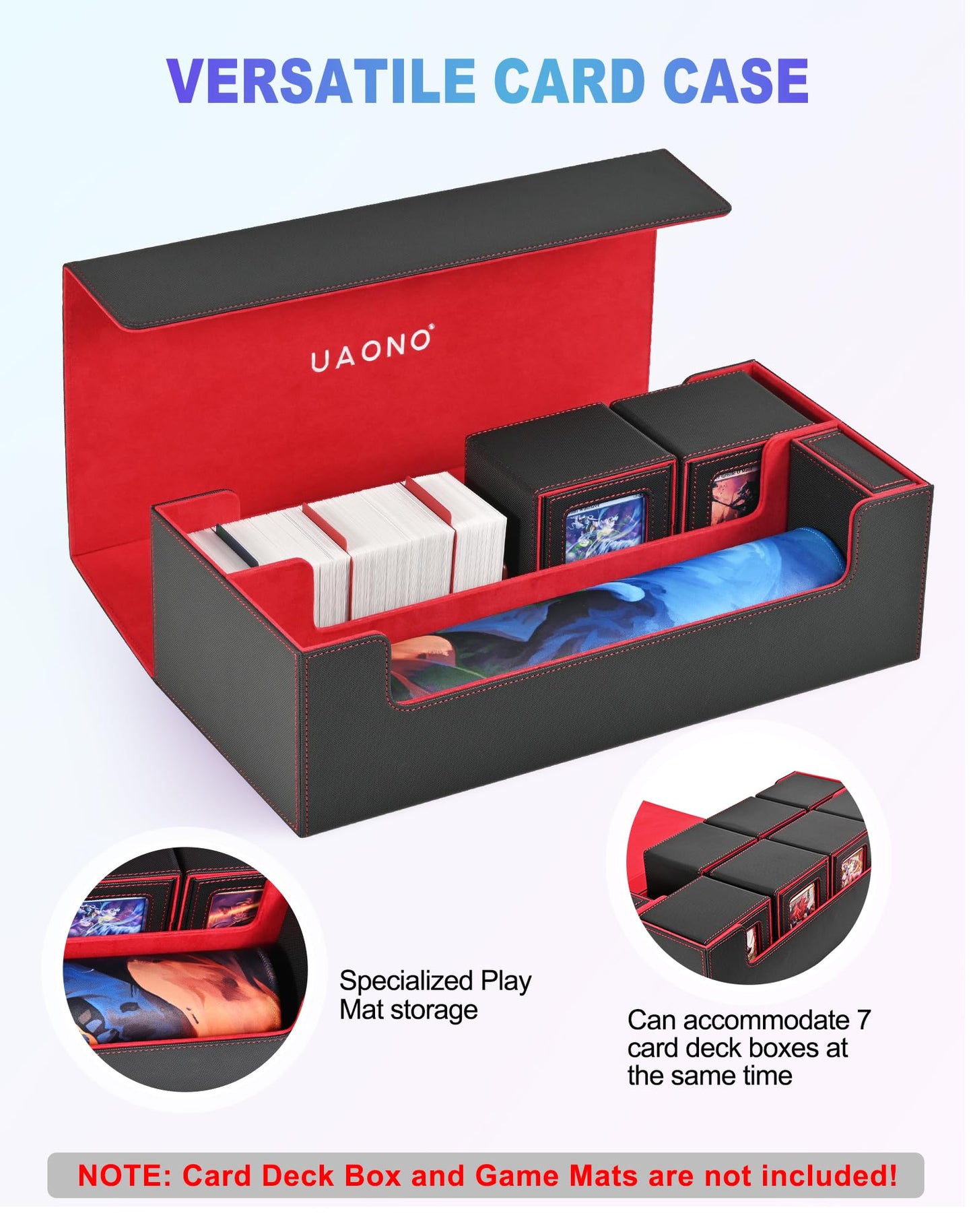 UAONO Trading Card Storage Box for MTG  Fits 7 Pcs Small Commander Deck Box  Large Card Deck Case with Dice Box for TCG PTCG Magic Sports Cards Game Playmat (Black  Red)