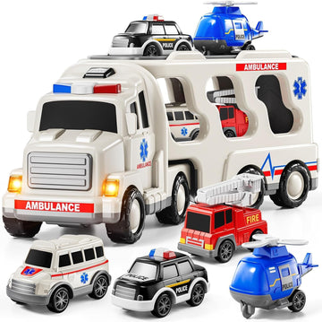 Kidoyz 5-In-1 Ambulance Rescue Vehicle Truck Set | Friction-Powered Ambulance Carrier With Toy Helicopter, Police Car, Fire Truc