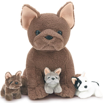 Tezituor French Bulldog Stuffed Animal With 3 Babies,17.7 Inches Mommy Dog Plush Soft Puppy Toys Realistic Fluffy Dog Christmas