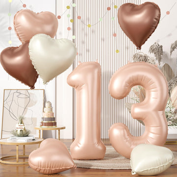 Biapian 40 Inch Light Brown Number 13 Balloons, 8Pcs Large Foil Number 1 & 3 Balloons With 18'' Caramel Heart Shape Balloon For