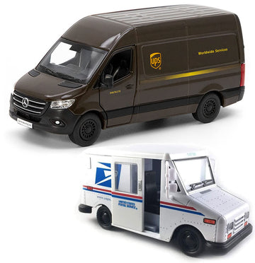 UPS Mercedes-Benz Sprinter + United States Postal Mail Truck Grumman LLV 5 Inch Die Cast Metal Model Toys SetOf2