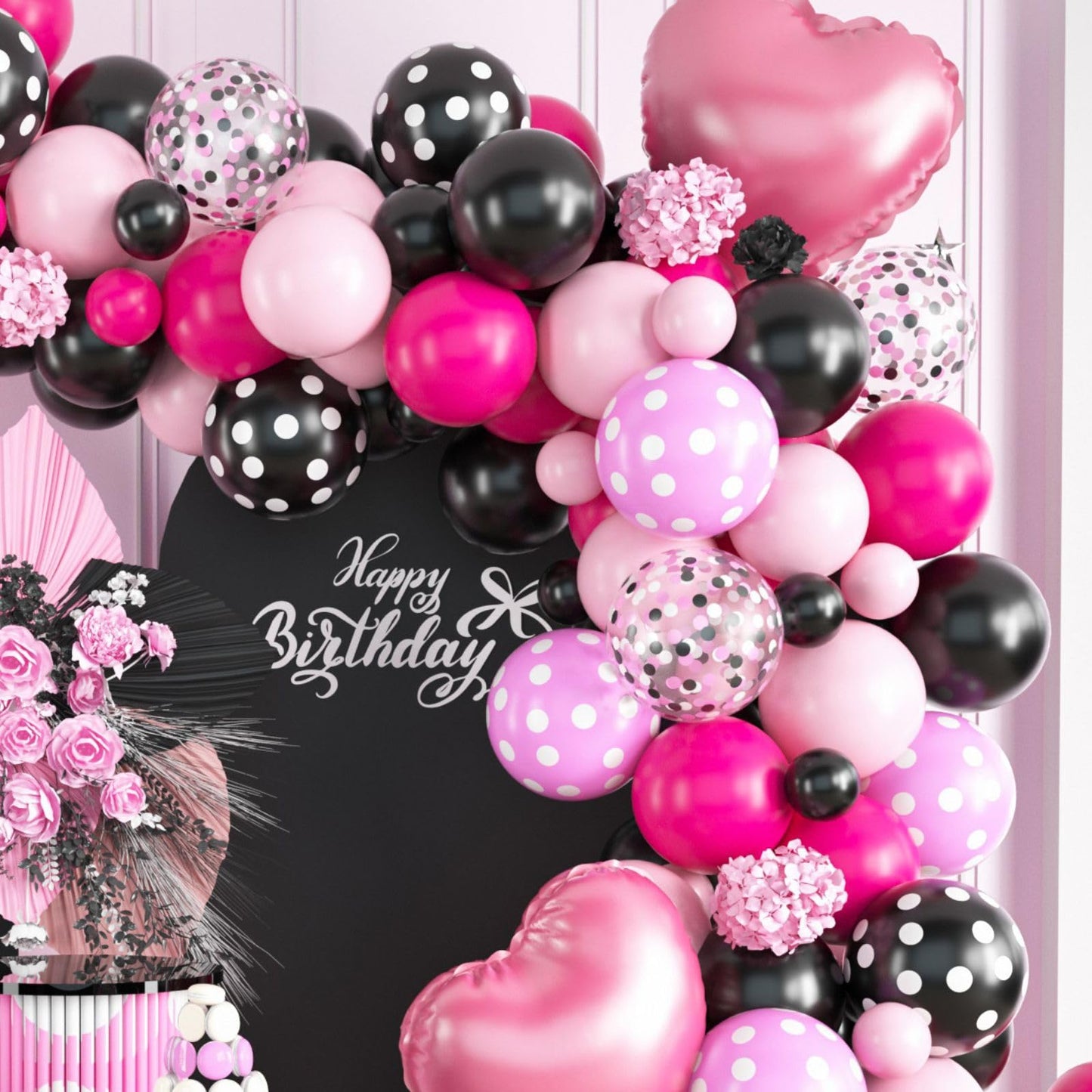 Pink Black Balloon Arch Kit, Mini Mouse Balloon Arch Kit, Pink And Black Polka Dot Balloons Mini Mouse Theme Party Decorations,