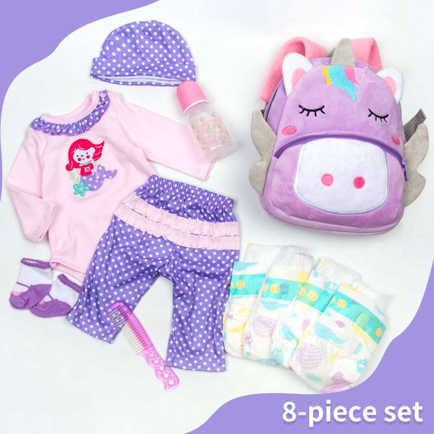 11 Pcs Set Reborn Baby Girl Doll Clothes Outfit Accessories Purple Mermaid Unicorn for 17-22 Inch Reborn Doll Newborn Girl