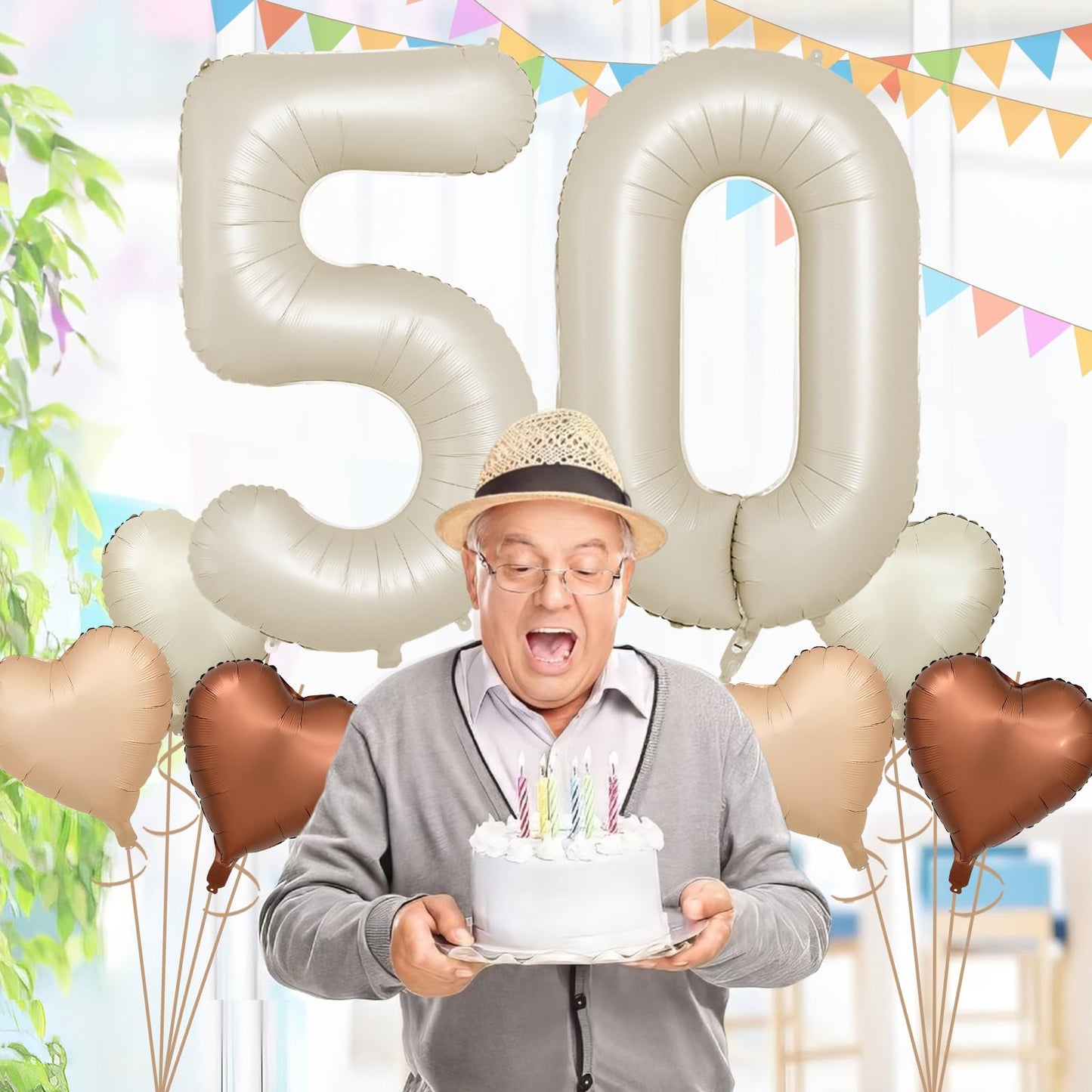 Biapian 40 Inch Cream Number 50 Balloons, 8Pcs Large Foil Number 5 & 0 Balloons With 18'' Cream White Heart Balloon For 50Th Yea
