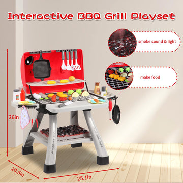 Kids Bbq Grill Playset With Simulated Smoke & Sound & Light, Play Kitchen Set W/ 41Pcs Toy Food, Indoor & Outdoor Interactive Ki