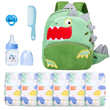 10 Pcs Reborn Baby Doll Diaper Bag Care and Feeding Set with Dino Backpack Diapers Pacifier Bottle Comb for 17-24 inches Reborn 