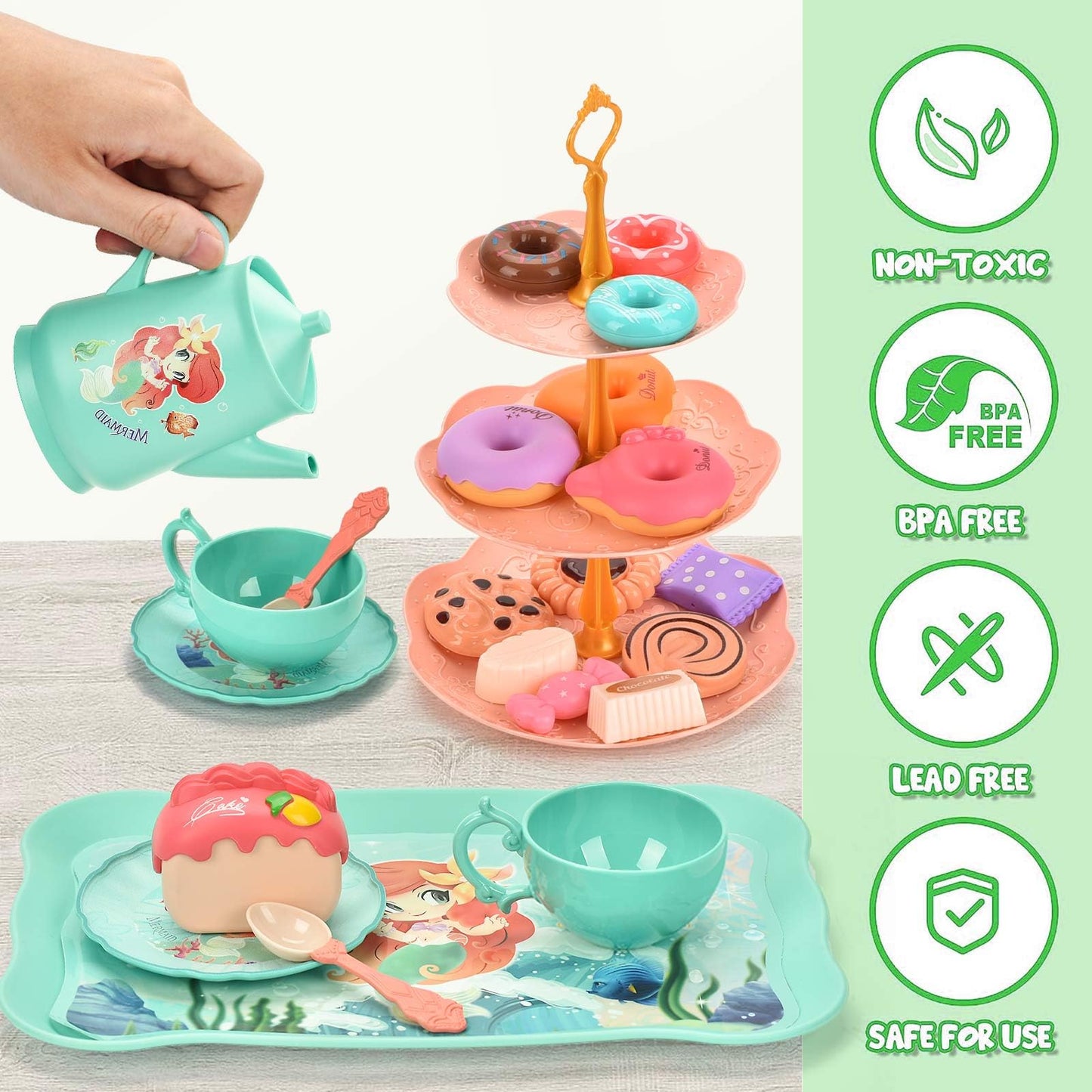 Lajeje Mermaid Tea Party Set for Little Girls - Pretend Plastic Teapot Set, Princess Tea Time Play Kitchen Toy with Cups, Plates
