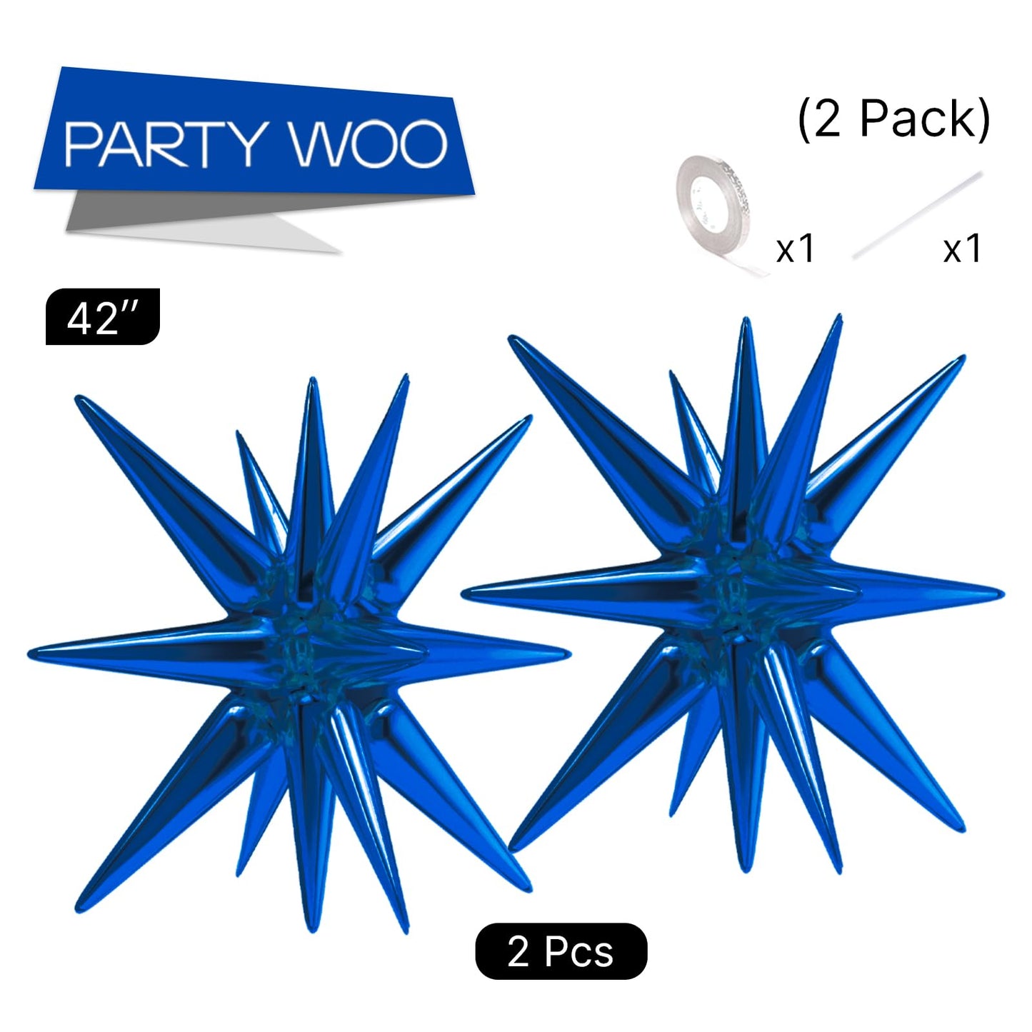 Partywoo Navy Star Balloons, 2 Pcs 42 Inch Large 14-Pointed Starburst Balloons, One-Piece Star Explosion Balloons With Ribbon, Point Star Foil Balloons, Mylar Balloons For Birthday Party Decorations