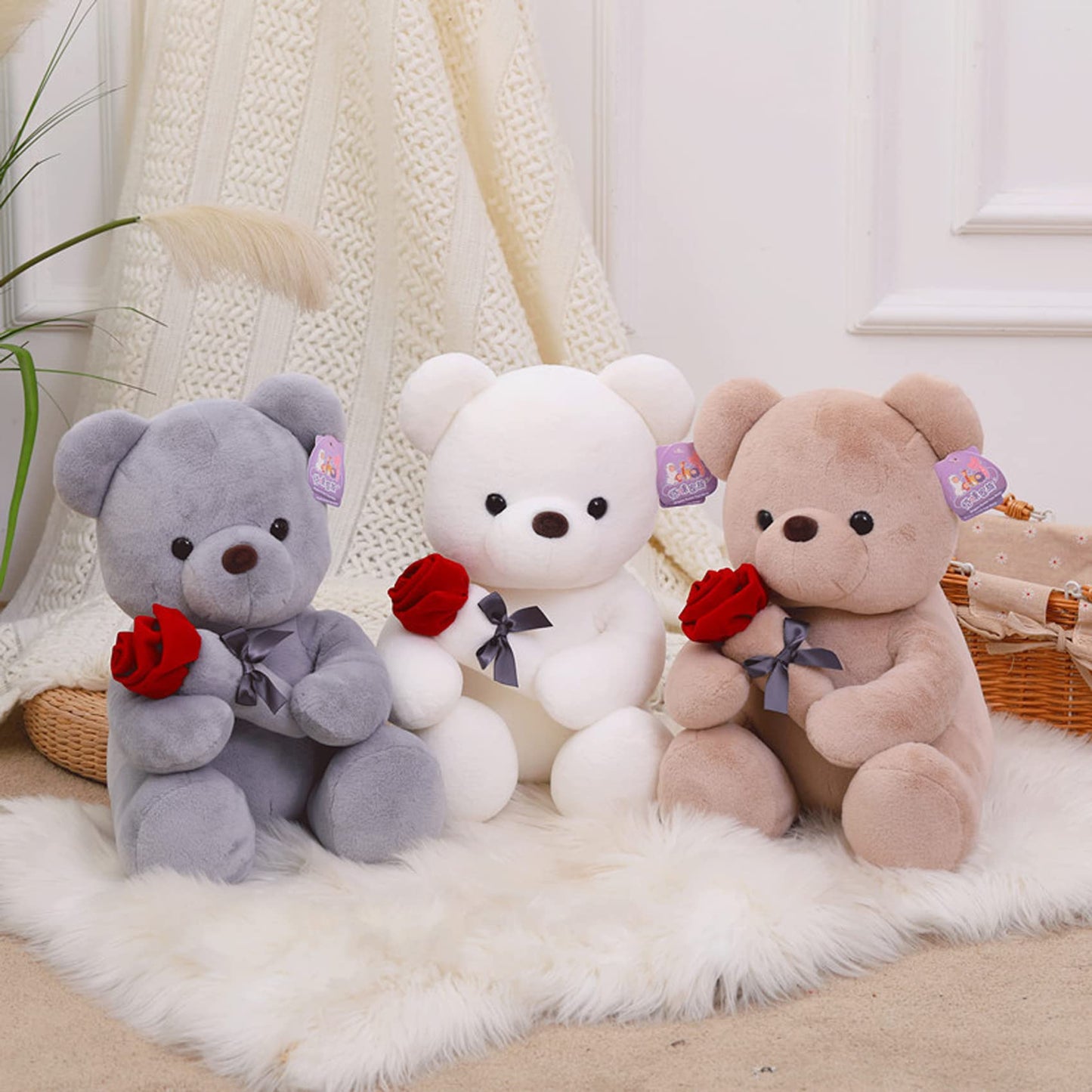 Ruzucoda Plush Teddy Bear With Rose Stuffed Animals Toys Dolls Valentine'S Day Gifts For Girls Girlfriend Lover 9 Inches (Gray)