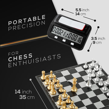 Magnetic Chess Board Game & Digital Chess Clock Timer Set - Professional And Portable, 14' X 14' Inches Chess Board - Travel Chess, Board Games