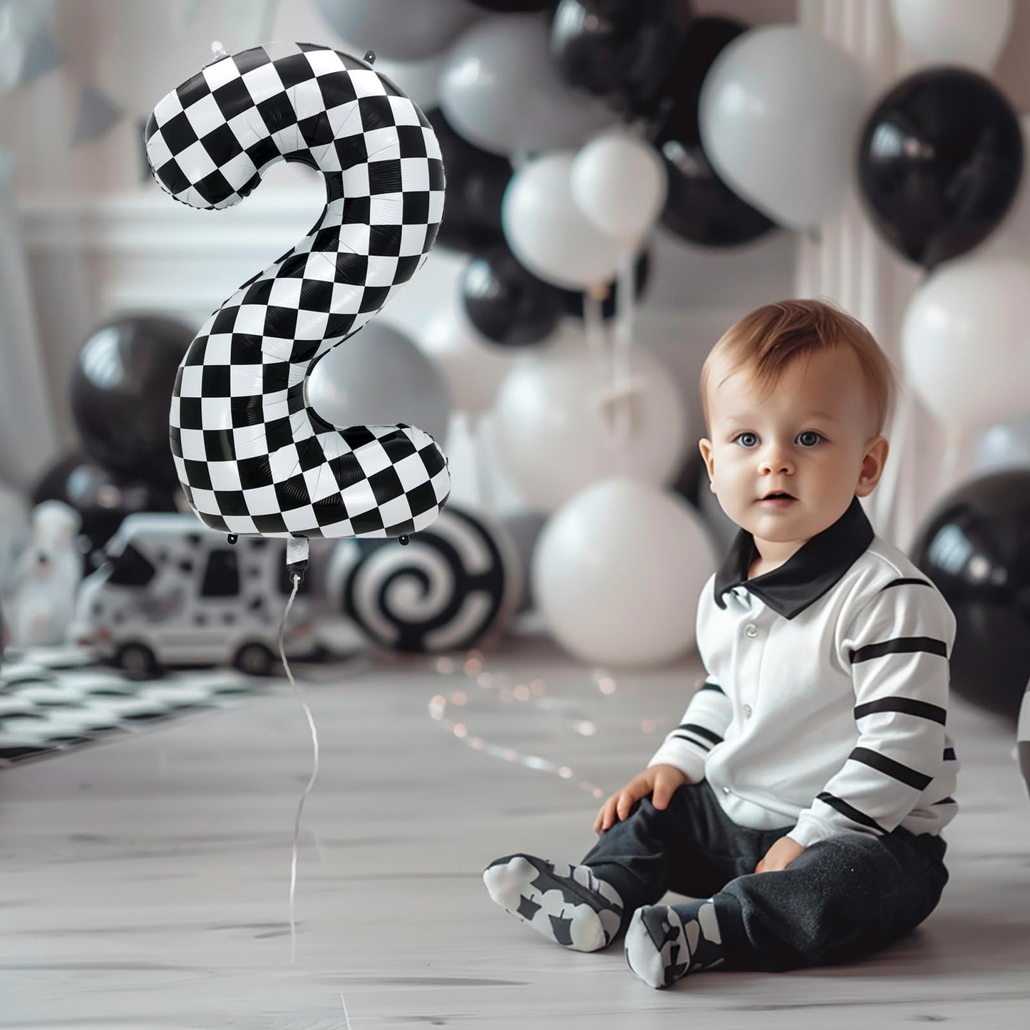 Eoopoon 42 Inch Checkered Number Balloon 7, 7th Race Car Flag Birthday Party Supplies for Boys Girls, Large Black and White Numb