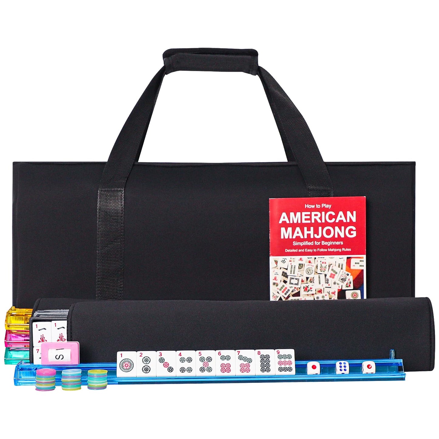 GUSTARIA American Mahjong Game Set - 166 Premium White Tiles, 4 Color Racks, Melamine, Black Carrying Bag