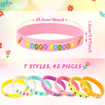 Junebrushs 42Pcs Easter Party Favors Silicone Bracelets Bunny Egg Carrot Chicks Flowers Rubber Wristbands Accessories For Easter Egg Fillers Gifts Basket Stuffers Accessories Party Decorations
