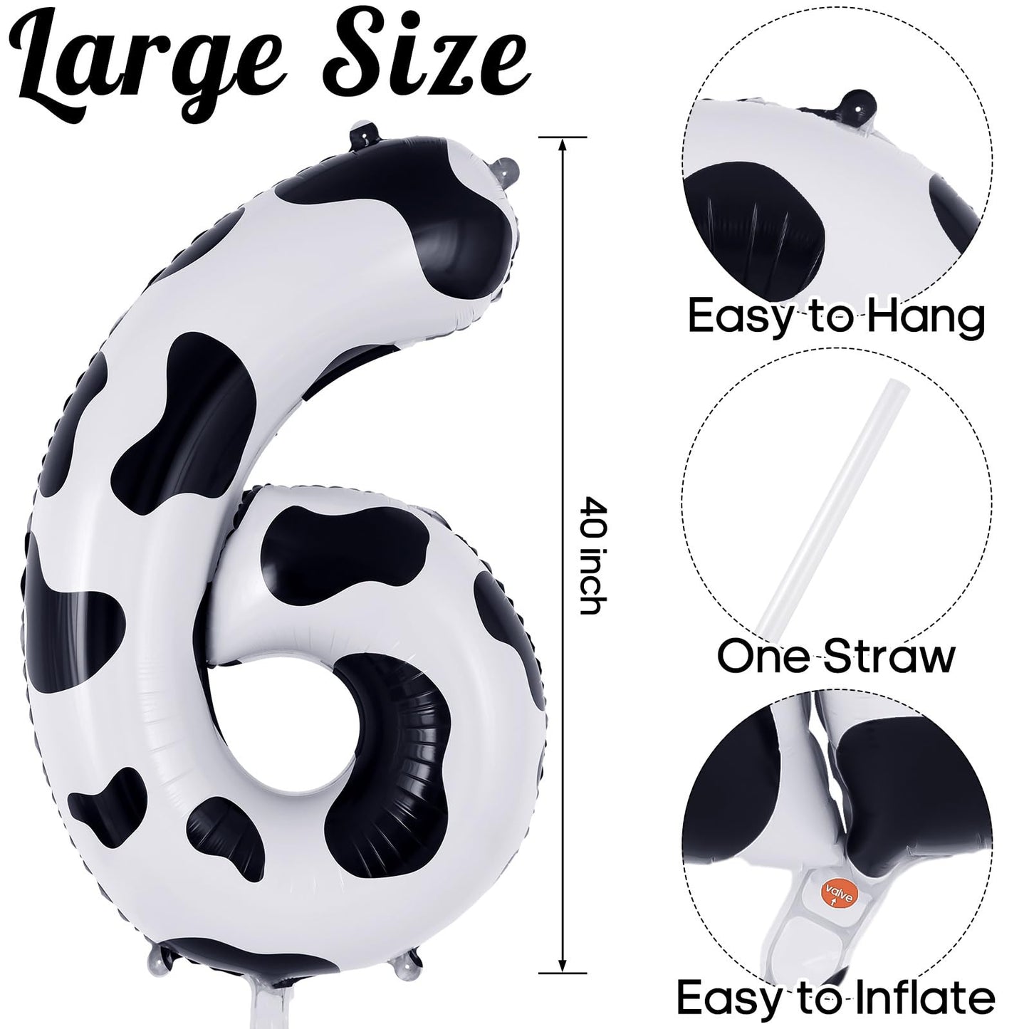 Cow Print Number 6 Balloon, Large 40 Inch Cow Number Birthday Balloons, Foil Mylar Number 6 Balloons For 6 Year Old Birthday Par