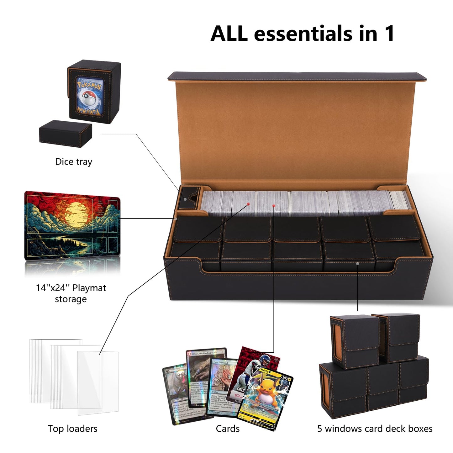 Scimi Mtg Card Storage Box Tcg Deck Case Holds Fits 5 Windows Decks Card Box Or 1800+ Sleeved Cards For Mtg, Yugioh, Uno, Tcg, Trading Cards With Mat Case And Strong Magnet Closure (Black And Golden)