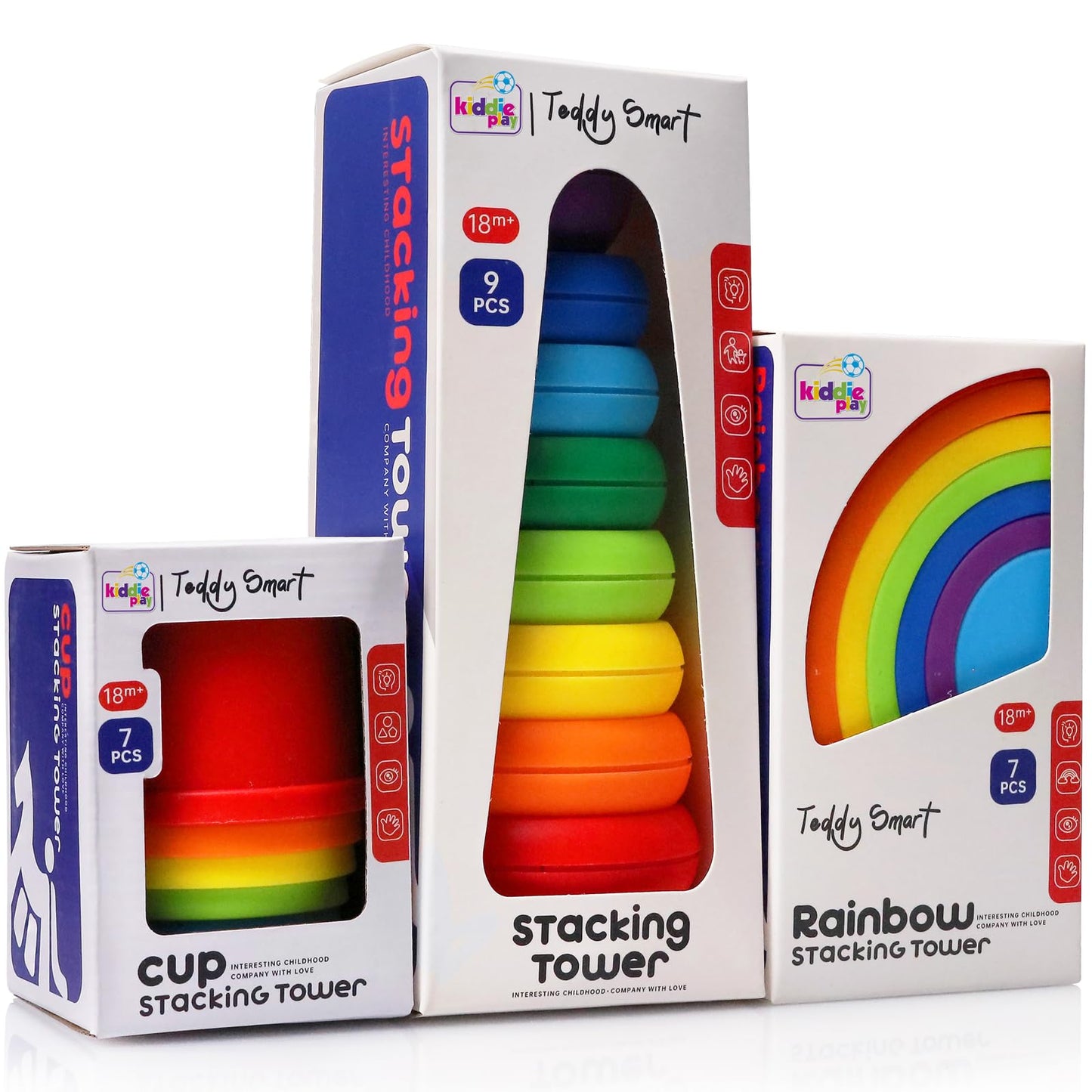 Kiddie Play Stacking Toys for Toddlers | Set of 3 Baby Toys Stacking Cups Stacking Rings and Rainbow Stacker
