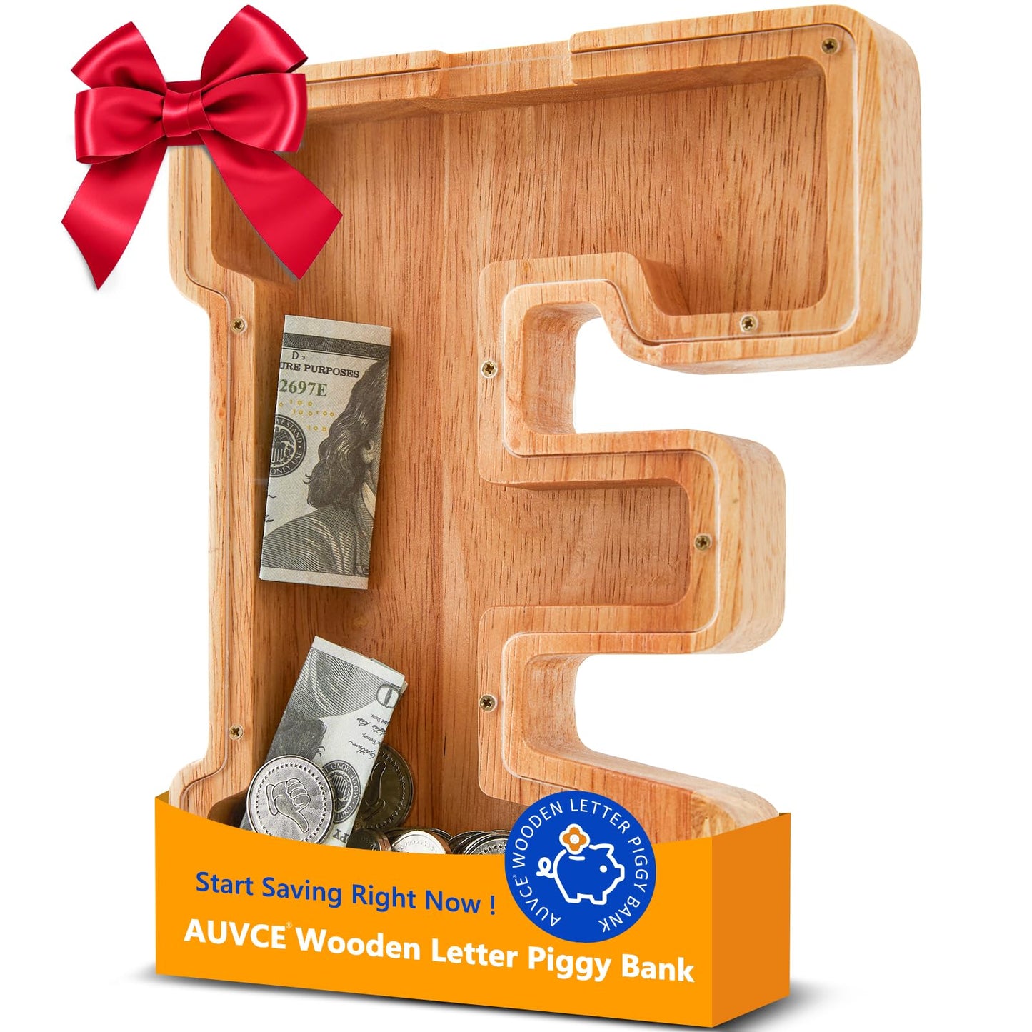 Wooden Letter Piggy Bank for Kids  Initial Coin Bank for Boys and Girls  First Name Personalized Savings Bank for Birthday Boys Girls Gift Piggy Bank for Kids (Wood  S9-F)