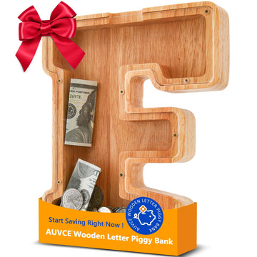 Wooden Letter Piggy Bank for Kids  Initial Coin Bank for Boys and Girls  First Name Personalized Savings Bank for Birthday Boys Girls Gift Piggy Bank for Kids (Wood  S9-F)