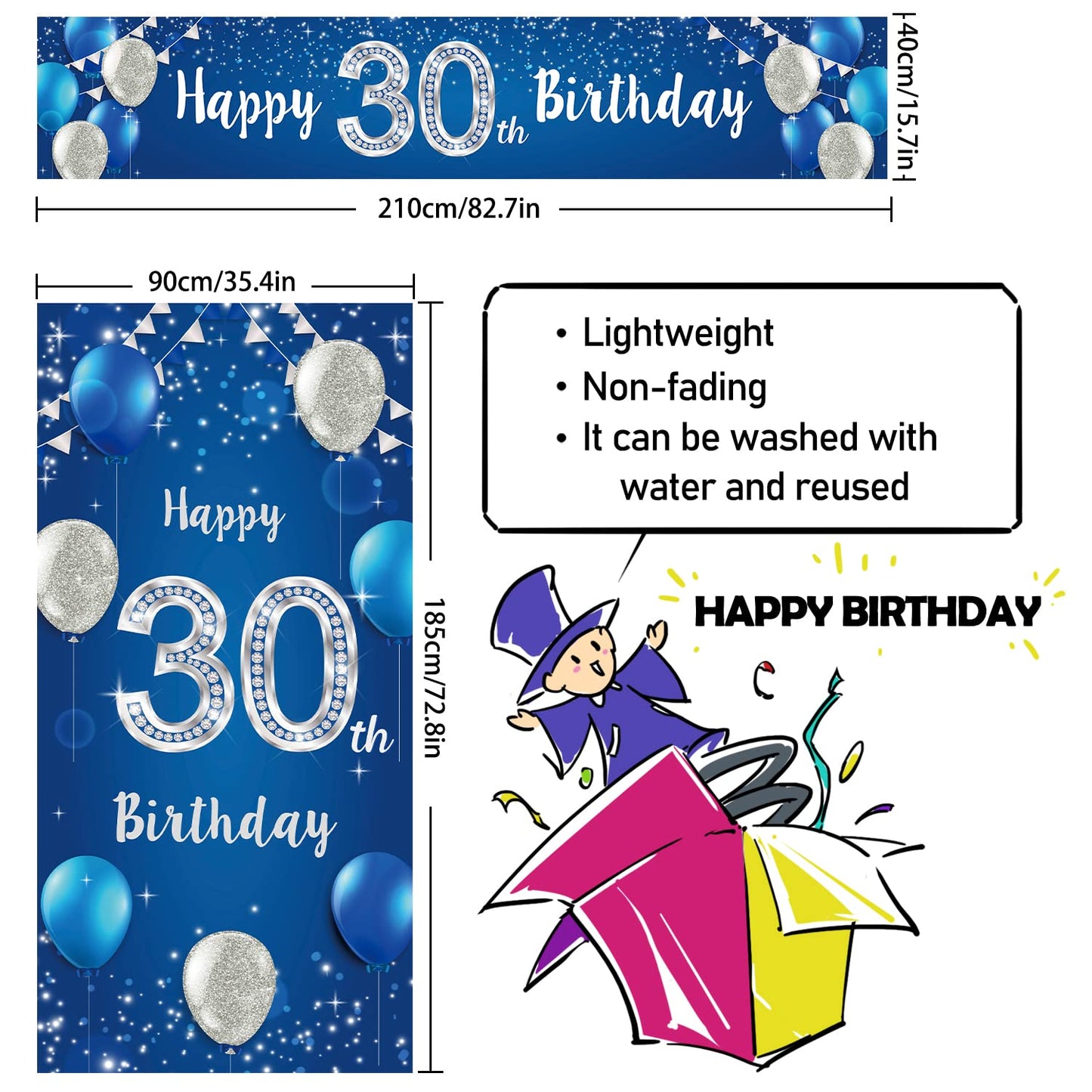 Happy 30Th Birthday Door Cover Porch Banner Sign Set - 30 Years Old Birthday Decoraions Party Supplies For Men - Blue