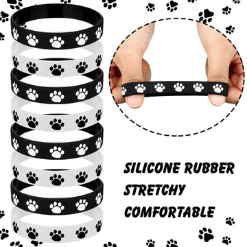 48 Pieces Paw Print Rubber Bracelets Multicolor Silicone Stretch Wristbands for Birthday Party Supplies, Black, White