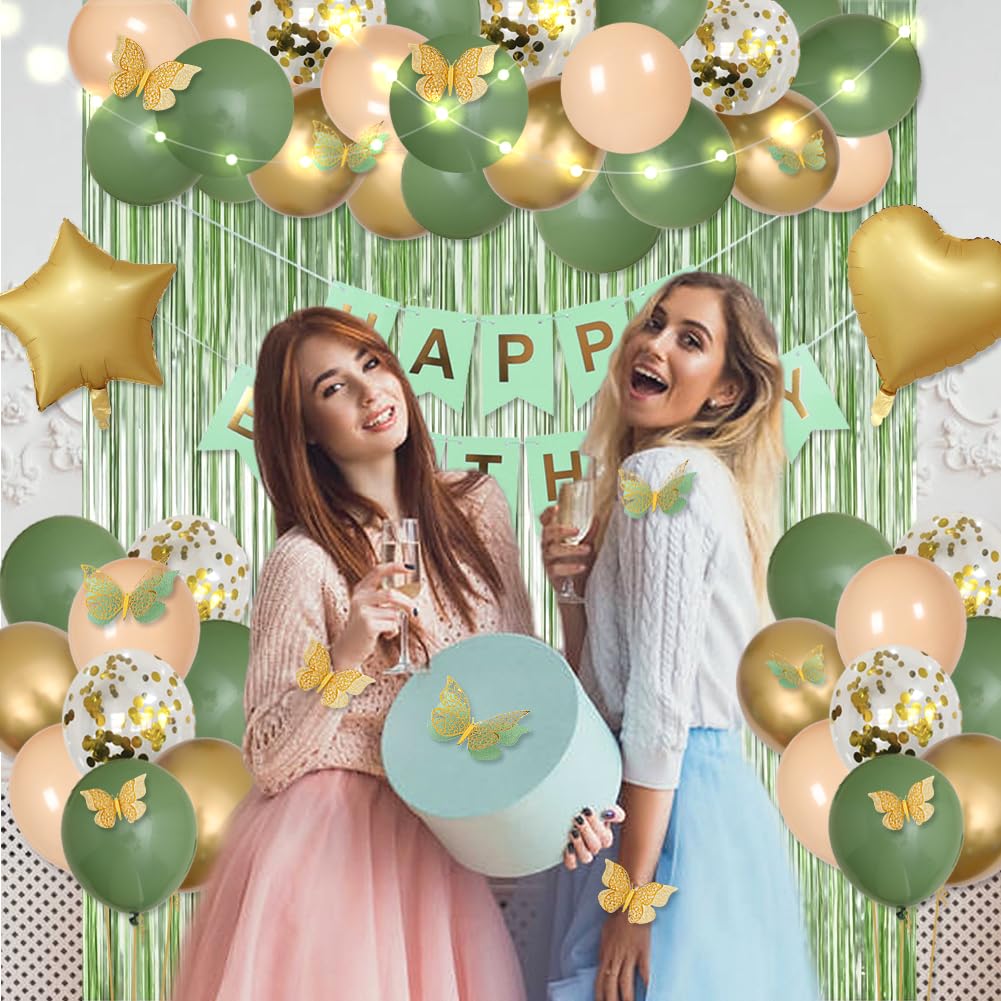 Msmancy Sage Green Birthday Decorations For Women Men 65Pcs With Happy Birthday Banner Curtains Butterfly Heart Star Led Light A