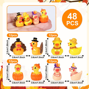 48 Pcs Thanksgiving Mini Resin Ducks  Tiny Miniature Turkey Ducks Figurines  Novelty Thanksgiving Tiny Turkey Ducks for Party Favors Gift Decoration