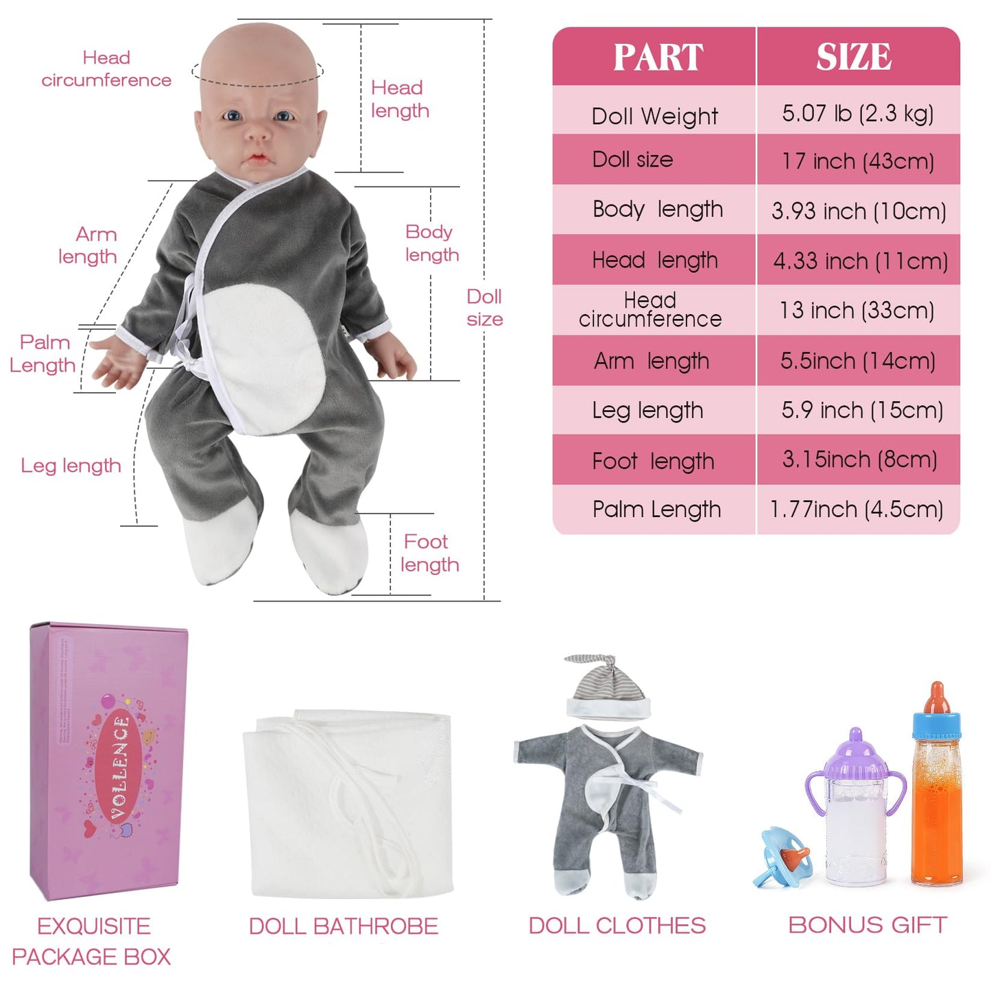 Vollence 17 Inch Full Body Silicone Baby Doll That Look Real Boy,Eyes Open Realistic Reborn Real Lifelike Baby Dolls - Boy