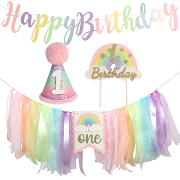 Pastel Rainbow High Chair Banner For 1St Birthday Decorations First One Birthday Party Girl With Cake Topper