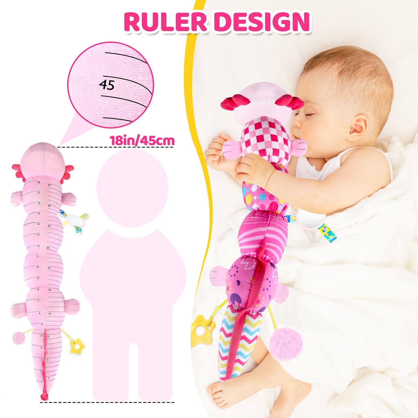 Baby Toys For 0-6 6-12 Months, Sensory Music Animal Stuffed Toy For 0 1 2 3 4 5 6+ Month, Plush Axolotl Toy With Crinkle And Rattles For Infant Newborn, Tummy Time Toys Gifts For 0-3-6-12 Month, Pink