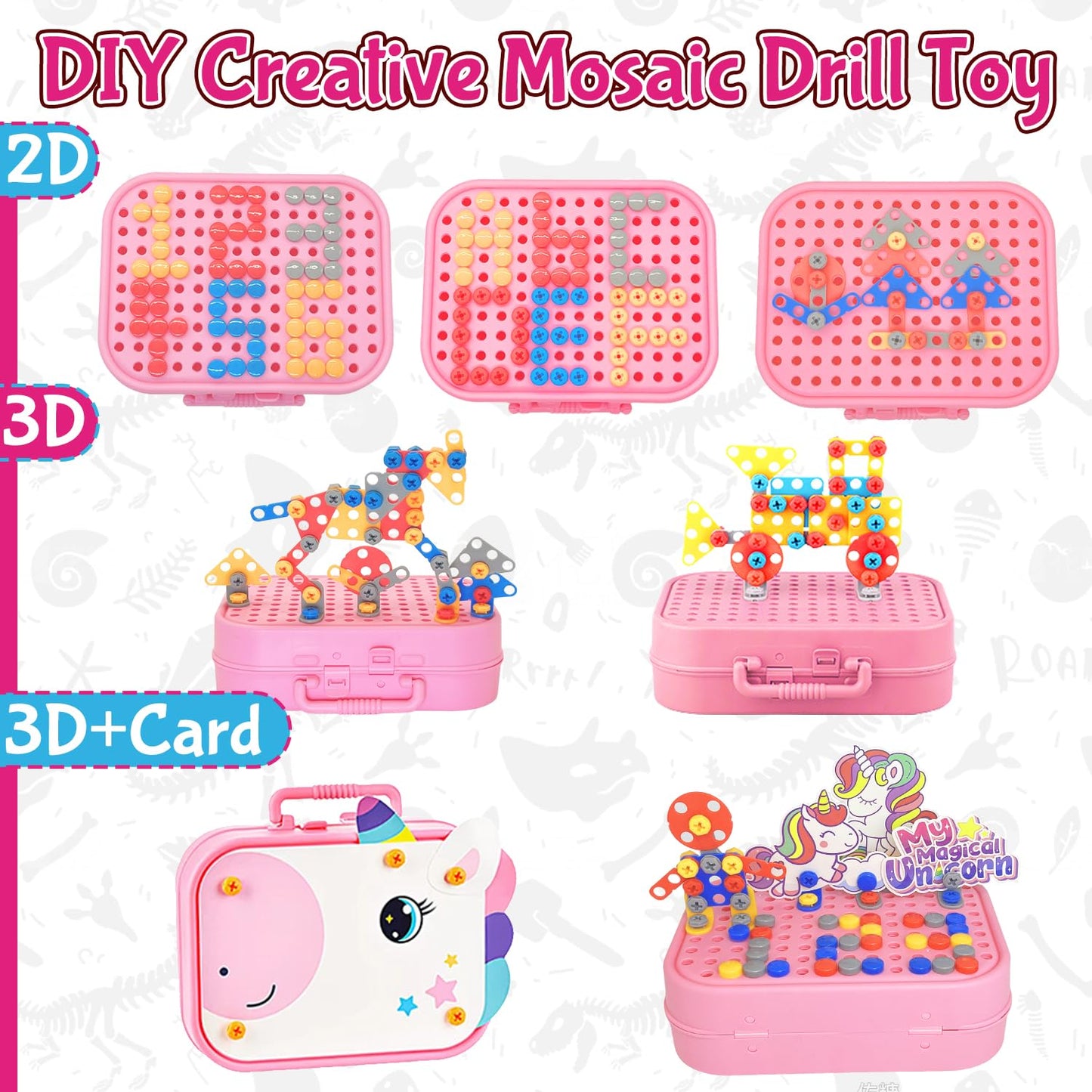 Aquaarcc Girls Unicorn Drill Toys Age 4-8, Girls Stem Toy 351Pc Electric Drill With Toolbox, Grils Tool Set Creative Toys 3D Eng