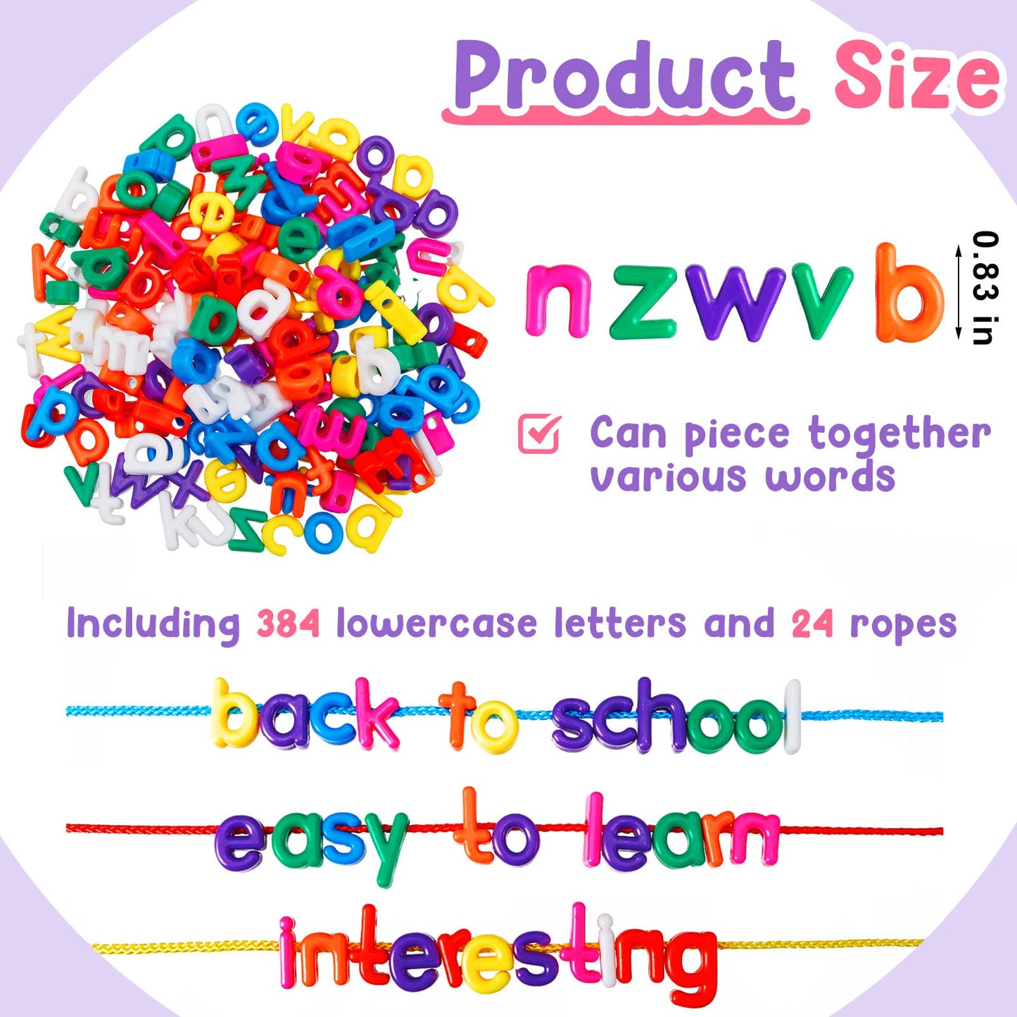 Wesiti 408 Pcs Lacing Letters Alphabet Learning Toys Toddler ABC Alphabet Beads Lacing Toy Fine Motor Skills Toys for Preschool Games Homeschool Supplies Early Spelling (Lowercase Letters)