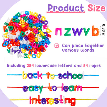 Wesiti 408 Pcs Lacing Letters Alphabet Learning Toys Toddler ABC Alphabet Beads Lacing Toy Fine Motor Skills Toys for Preschool Games Homeschool Supplies Early Spelling (Lowercase Letters)
