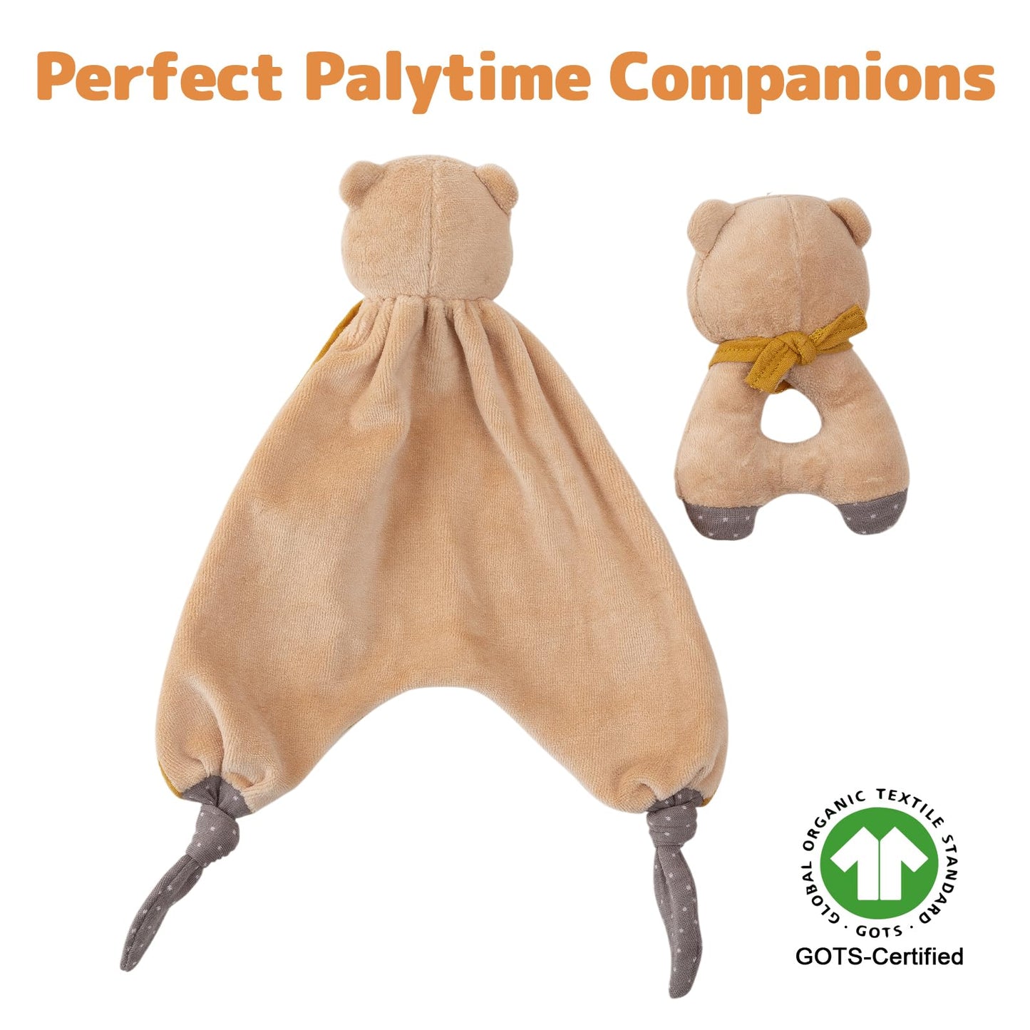 CUDDLE CORNER Organic Cotton Stuffed Animal Rattle Baby Toys, Plush Bear Cuddle Cloth and Hand Grip Ring Rattles Plush Toy Set f