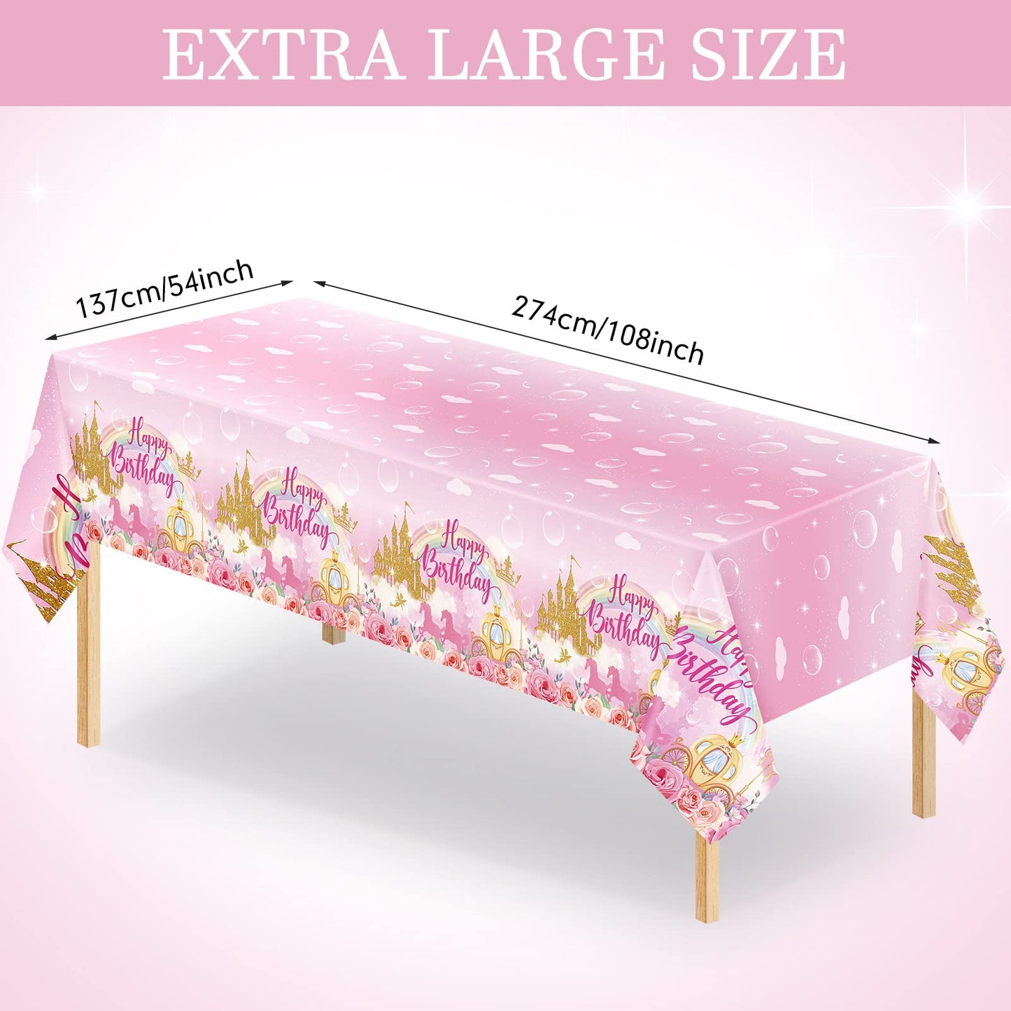 Oudain 3 Pack Princess Party Tablecloths Happy Birthday Princess Disposable Plastic Table Covers Unicorn Castle Rose Rectangular