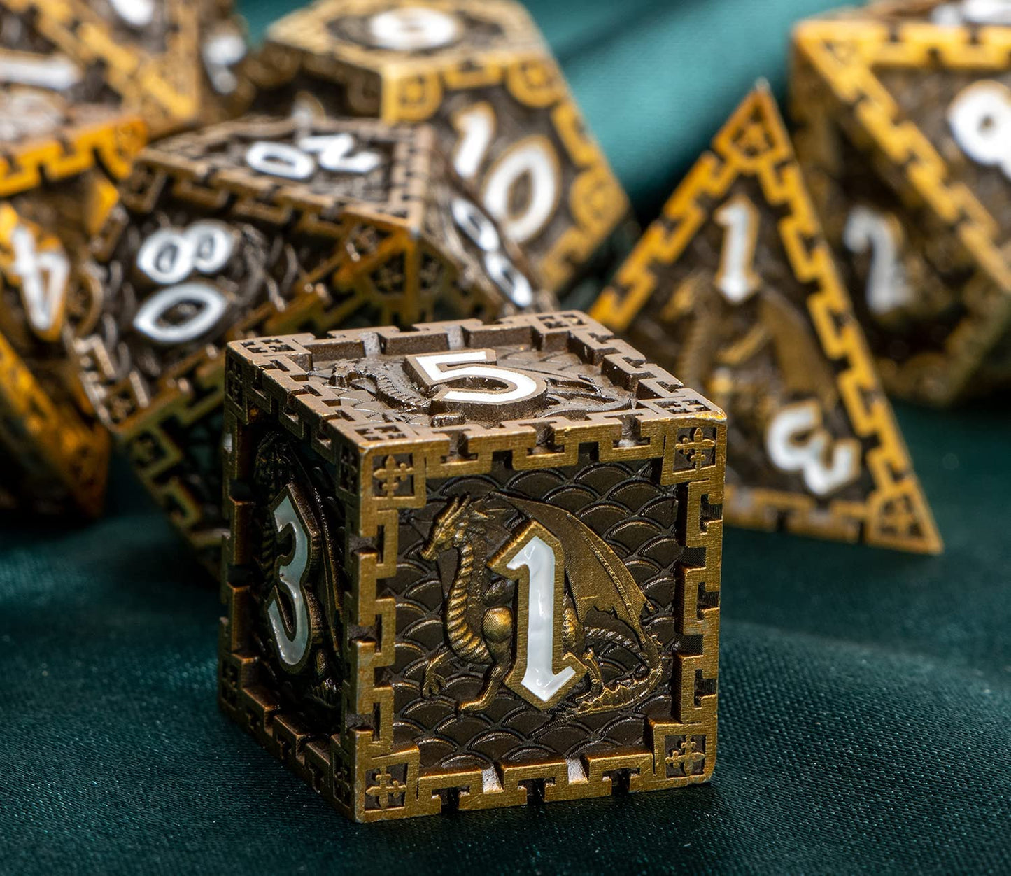 ARUOHHA DND Metal Dice Set Dragon Design D&D Dice Set with Gift Box, Antique Gold D+D Polyhedral Dice for Dungeons and Dragons R