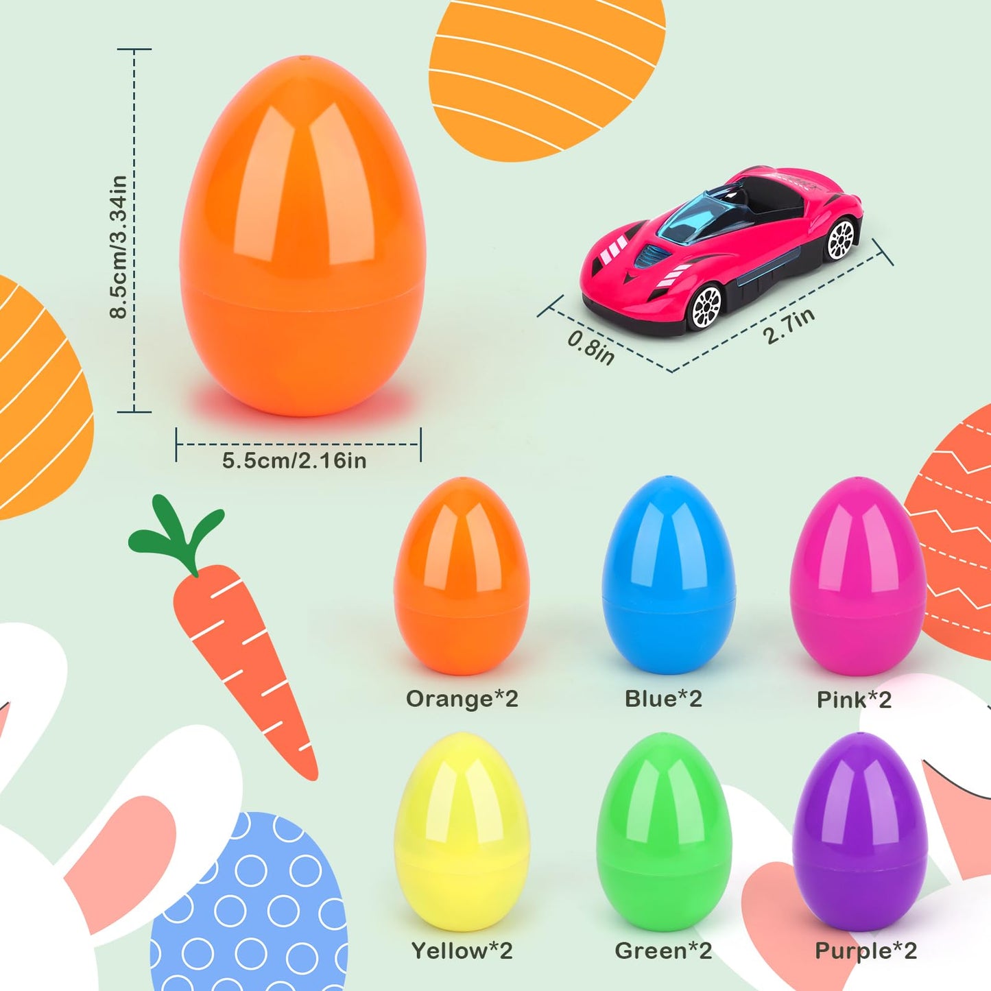 Konijiwa 12 Packs Prefilled Easter Eggs with Car Toys, Easter Basket Stuffer,Party Favors for Kids Classroom,Toys for 3+ Years O