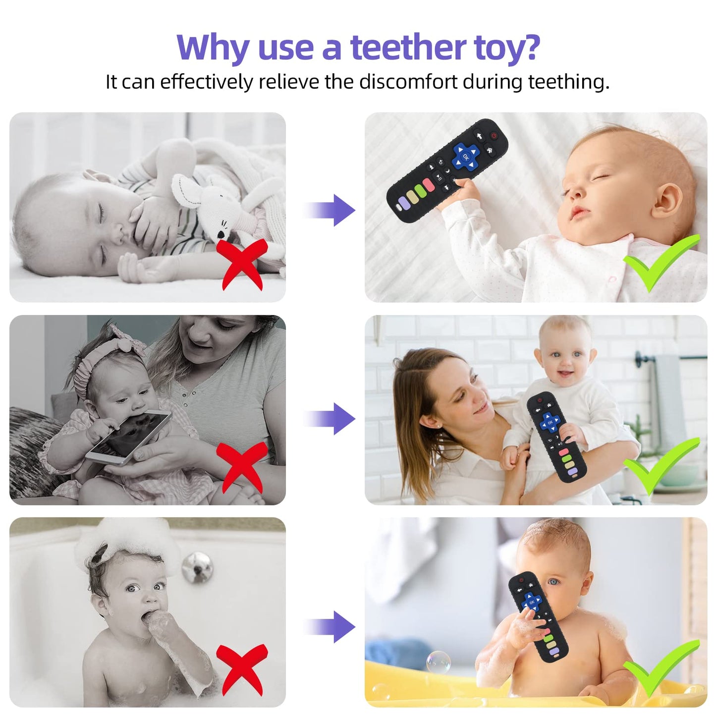 Chuya Baby Remote Control Teether Toy Chew Toy for Babies 0-24 Months Teething Relief Baby Toys for Infants Black+Purple