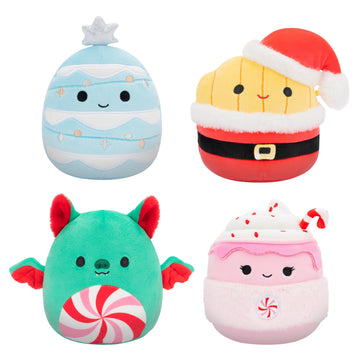 Squishmallows Original 5-Inch Holiday 4-Pack - Ethel Hot Chocolate, Floyd French Fries, Keiko Blue Christmas Tree, Ricardo Peppe